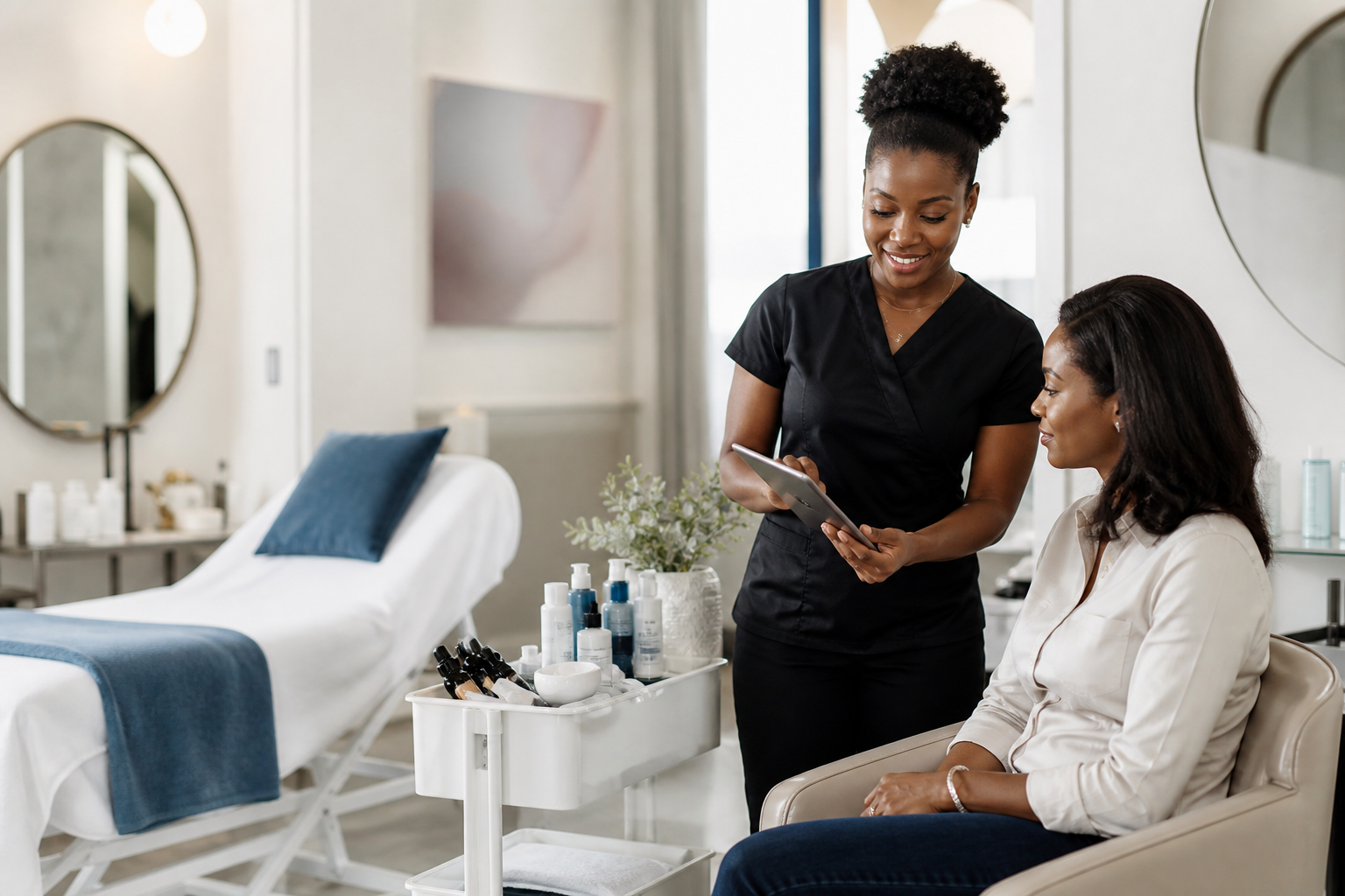 Professionnelle indépendante de la beauté échangeant avec sa cliente dans un espace équipé