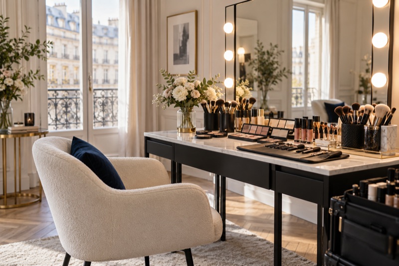 Poste de maquillage professionnel avec pinceaux, palettes et miroir éclairé