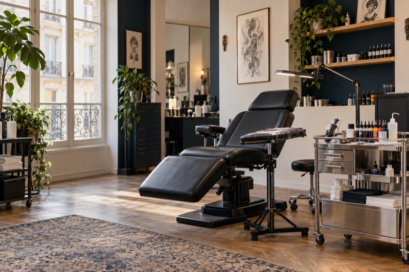 Studio de tatouage équipé d’un fauteuil de soin, d’un repose-bras et de matériel organisé